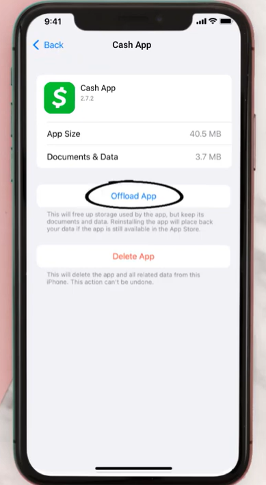 Offload the App: Tap on the Cash App, then select "Offload App." This will free up storage used by the app, but keep its documents and data.